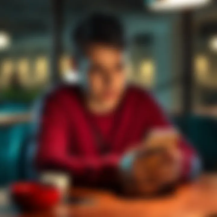 A person sitting at a table with a disappointed expression while looking at their phone, symbolizing the disappointment of not receiving a referral reward.