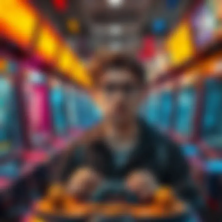 A gamer looking disappointed while playing at an arcade with limited game options, surrounded by unresponsive machines and empty reward tokens.