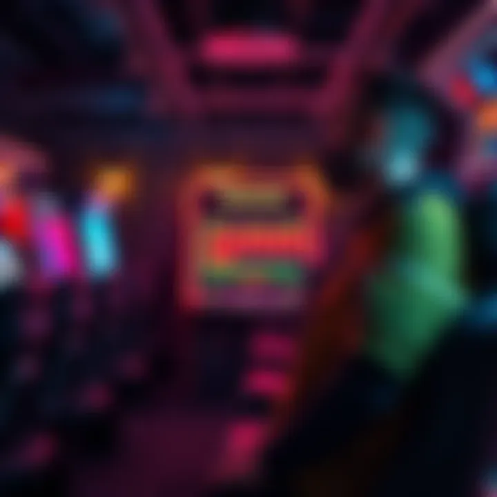 Frustrated gamer at arcade A gamer looks upset at an arcade machine that shows missing goals and errors, surrounded by empty gaming chairs and machines.