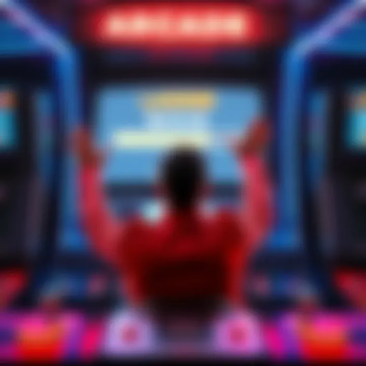 A gamer showing frustration while playing an arcade game, sitting in front of a screen displaying a progress bar just shy of completion. Their hands are raised in exasperation as they try to finish th...