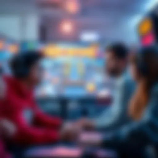 Gamers frustrated with arcade tower defense rewards A group of gamers looking frustrated while playing arcade tower defense games on a screen, expressing their disappointment over missing rewards