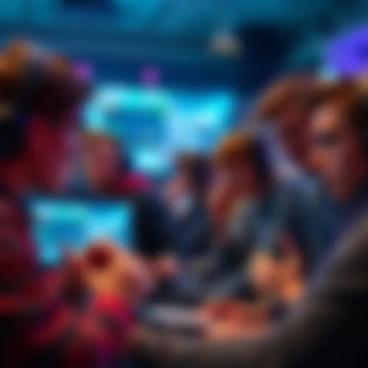 A group of gamers expressing disappointment during a community event with screens showing bugs and updates