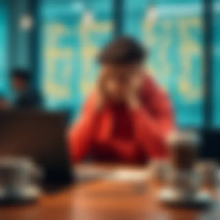 A college student sitting at a table, looking disappointed after a hackathon, with a laptop and empty coffee cups around them.