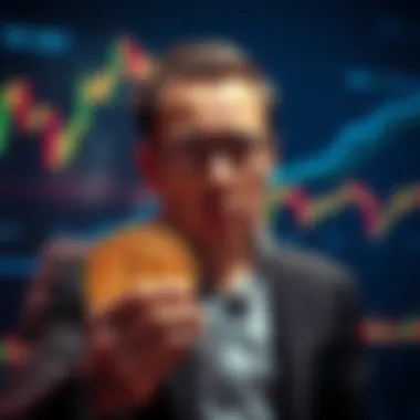 An investor looking worried while holding a Bitcoin, surrounded by charts showing market fluctuations, representing disappointment in missing exit target.