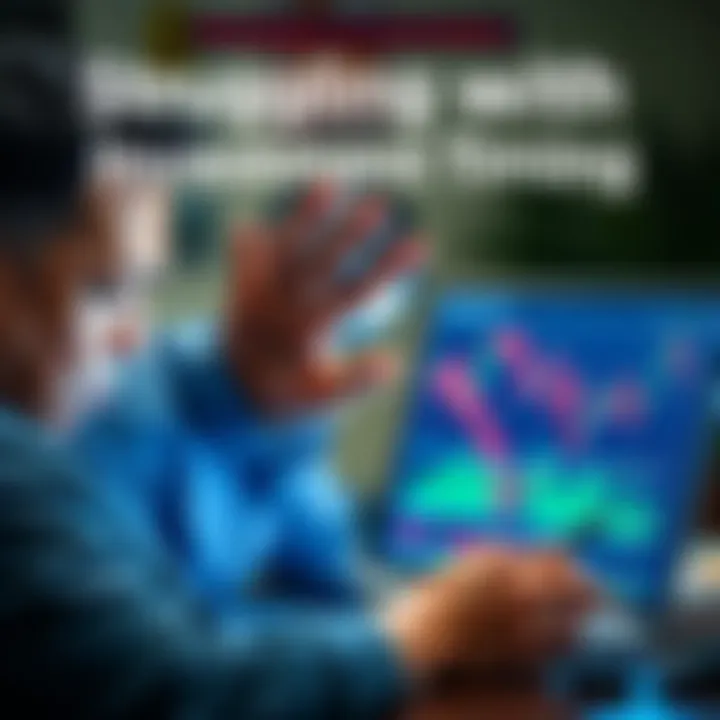 Frustrated Investor Looking at Stock Graph An investor with a concerned expression examines a fluctuating stock graph on a laptop, feeling behind in trades.