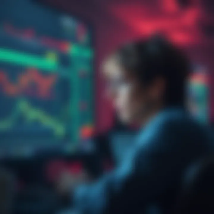 A person looking frustrated at a computer screen with stock charts and a chatbot interface open, symbolizing issues in selling stocks.
