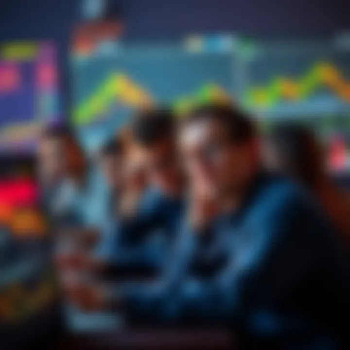 Group of investors looking disappointed while watching financial charts on laptop screens, expressing frustration about XRP performance