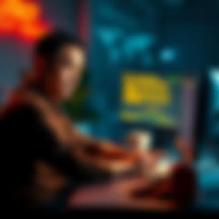 A person looking stressed while sitting at a computer, trying to sell land online with error messages displayed on the screen