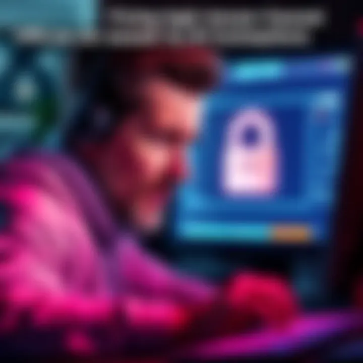 A person looking frustrated at their computer while trying to log in, with a VPN icon visible on the screen