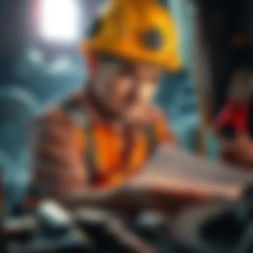 A frustrated miner looking at malfunctioning mining equipment with a worried expression, surrounded by tools and repair papers.
