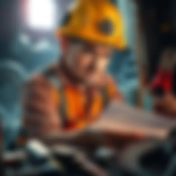A frustrated miner looking at malfunctioning mining equipment with a worried expression, surrounded by tools and repair papers.