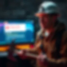 A miner expresses frustration while holding a pickaxe, looking at a computer screen showing failed project migration status