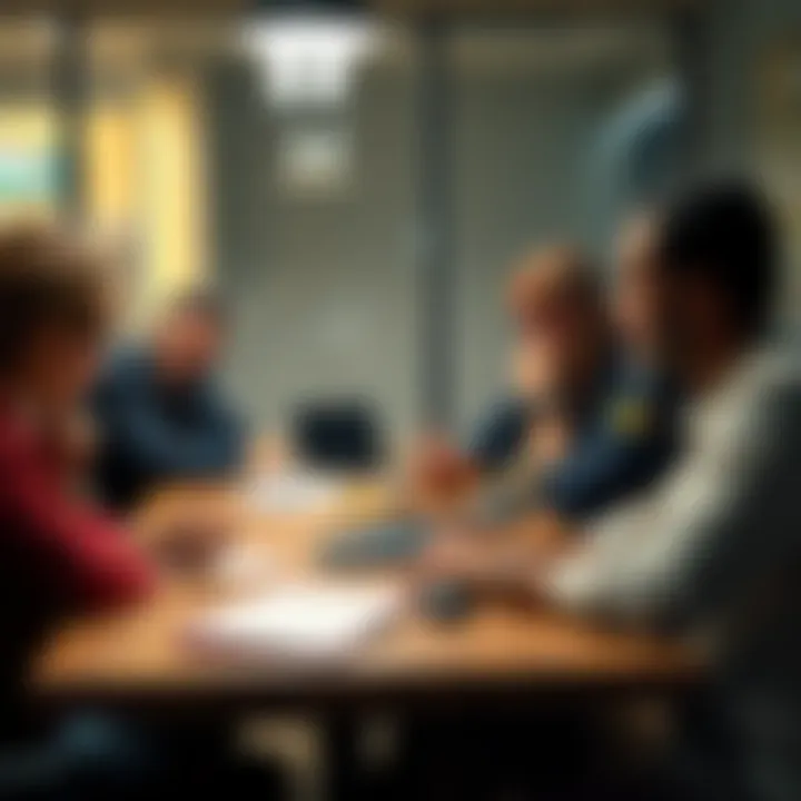A group of tired MSP deployers discussing their low pay and heavy workloads in a meeting room.
