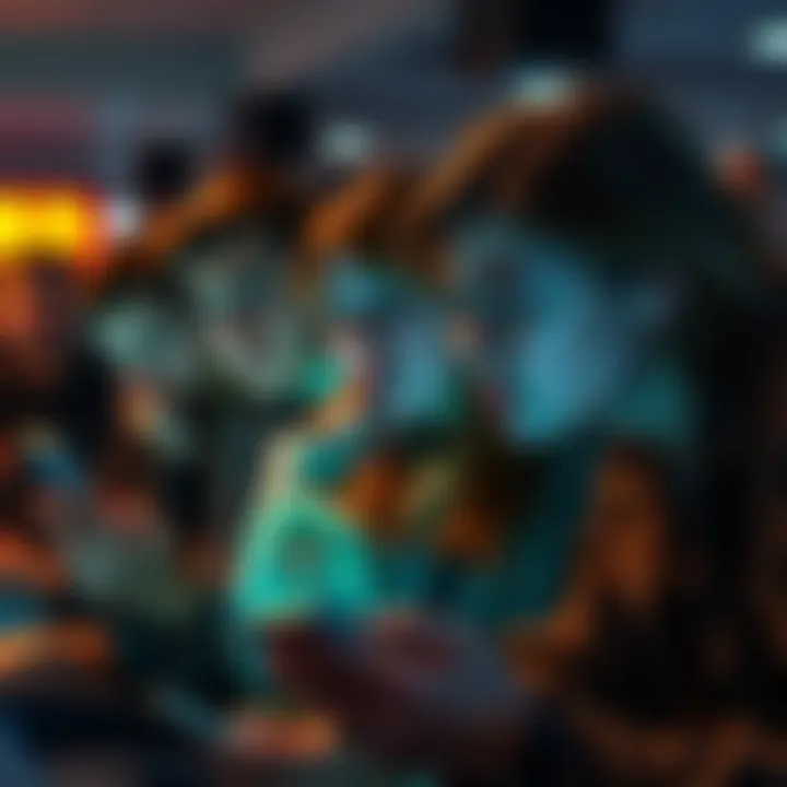 A group of frustrated people looking at their phones, waiting for USD account details with annoyed expressions