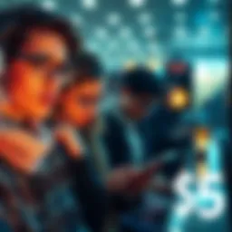 A group of frustrated people looking at their phones, waiting for a delayed transaction to go through, with expressions of disappointment