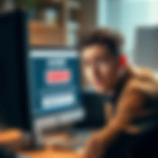 A person looking frustrated while sitting in front of a computer showing an account closure message