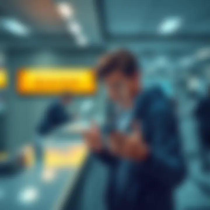 A person looking frustrated at a bank counter while holding a phone showing a cryptocurrency app