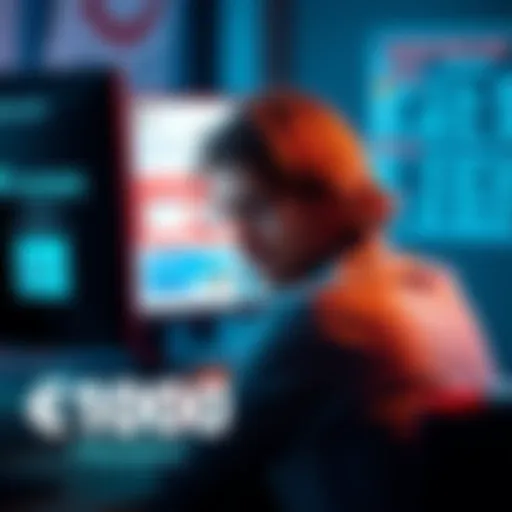 A person sits at a computer, looking upset as they check their bank account status labeled as frozen, with visible bank statements and notifications on the screen.
