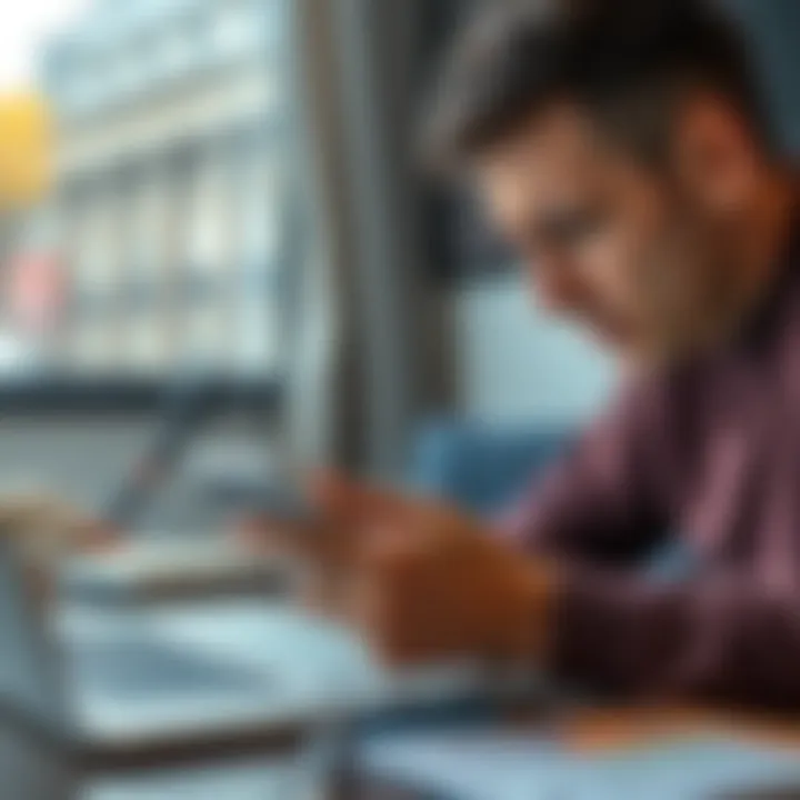 A person looking at their phone with a frustrated expression while checking the status of a CHF SWIFT transfer to Revolut, with a laptop and bank documents visible on the table.