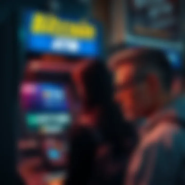 A person looks frustrated while waiting at a Bitcoin Depot ATM, cash in hand, with a long wait time displayed on the screen