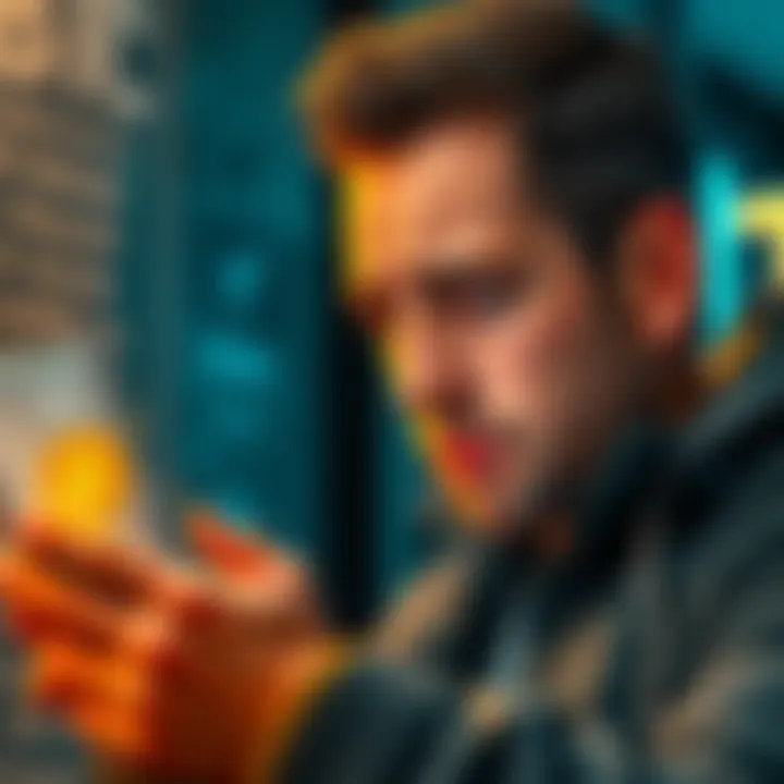 A person looking frustrated while checking their phone for updates on a BTC transfer that is delayed, showing a worried expression and a digital currency symbol on the screen.