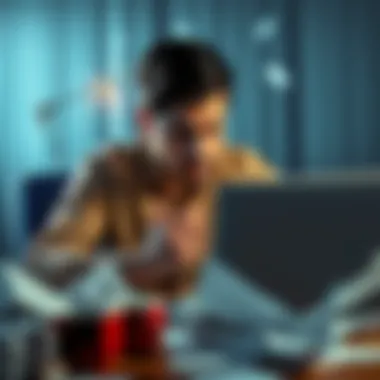 A frustrated individual looking at their laptop, surrounded by crumpled papers and coffee cups, feeling anxious about a delayed refund from ChangeNOW.