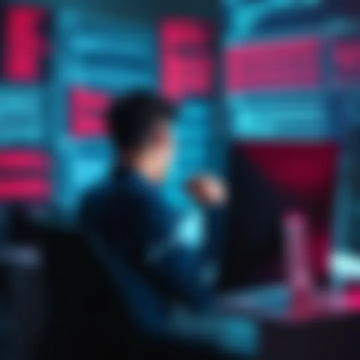 Frustrated person at computer A person sitting at a desk looking frustrated while staring at a computer screen filled with error messages, symbolizing issues with system errors and support failures.
