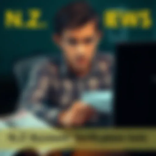 A person looking frustrated while checking their N.Z account verification on a computer, surrounded by papers and ID documents.
