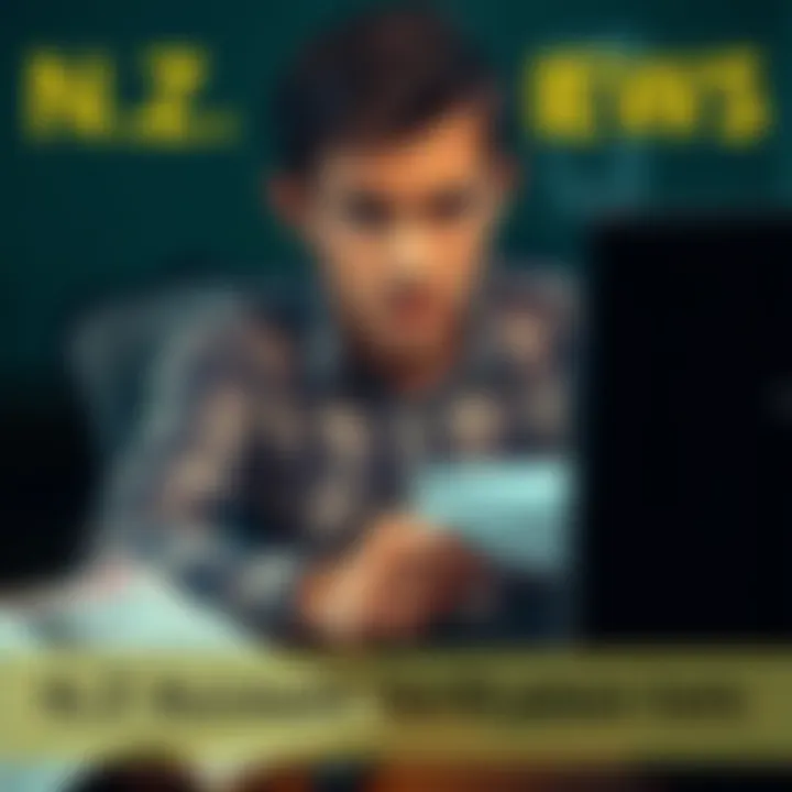A person looking frustrated while checking their N.Z account verification on a computer, surrounded by papers and ID documents.