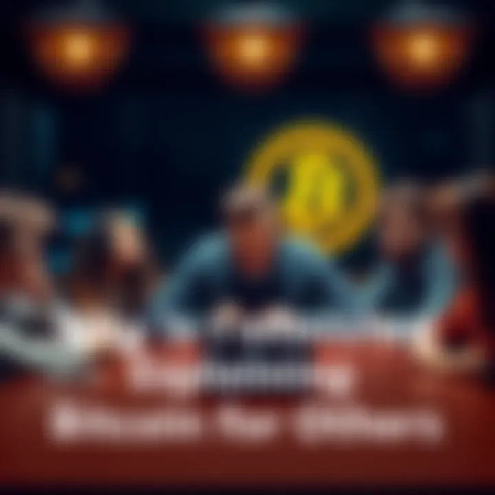 A person sitting at a table, looking frustrated as they attempt to explain Bitcoin to a group of uninterested listeners, symbolizing the challenges of communication about cryptocurrency.