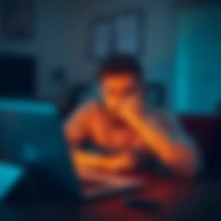 A person is sitting at a desk with a laptop, showing frustration while trying to access an old bitcoin wallet.