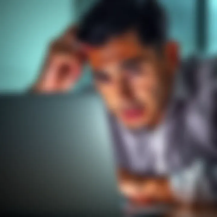 Frustrated person looking at laptop A concerned individual staring at a laptop with a worried expression, indicating issues with account withdrawals and deposits