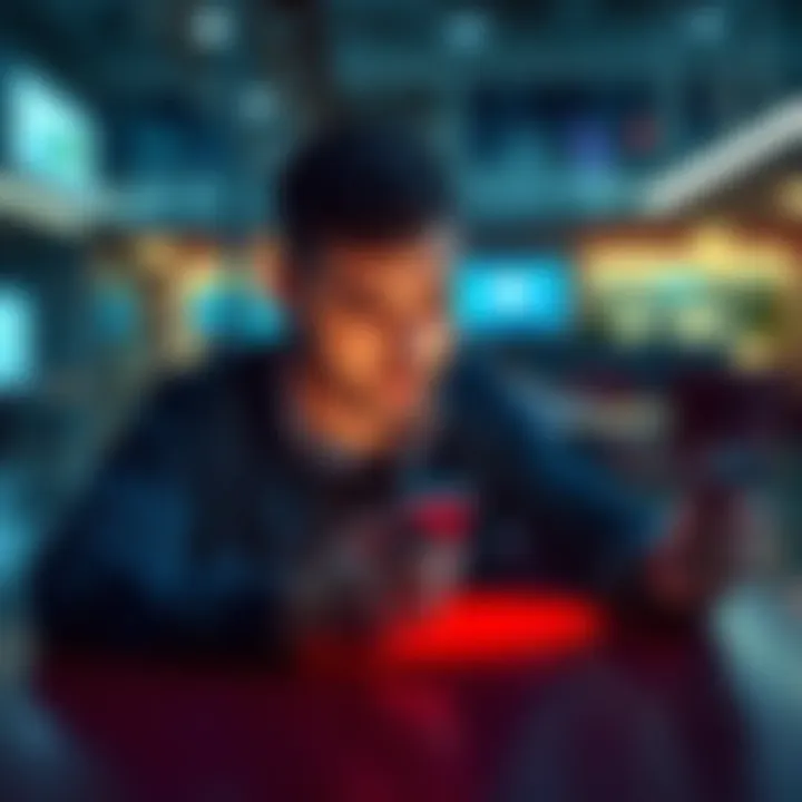 Person looking frustrated at their phone A person sitting at a table, looking disappointed while checking their smartphone, which displays the Pi Network app.