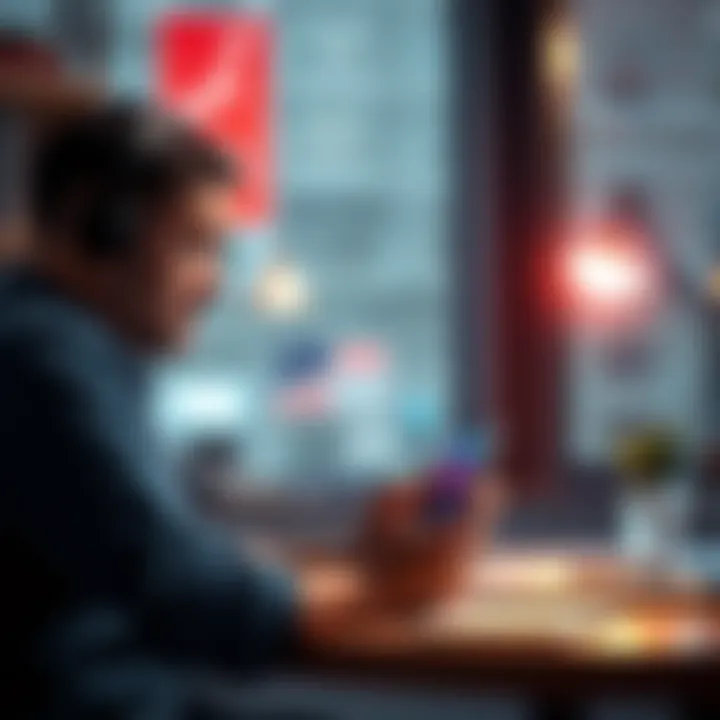 A person sitting at a desk, looking frustrated while checking their phone, representing issues with frozen financial accounts.