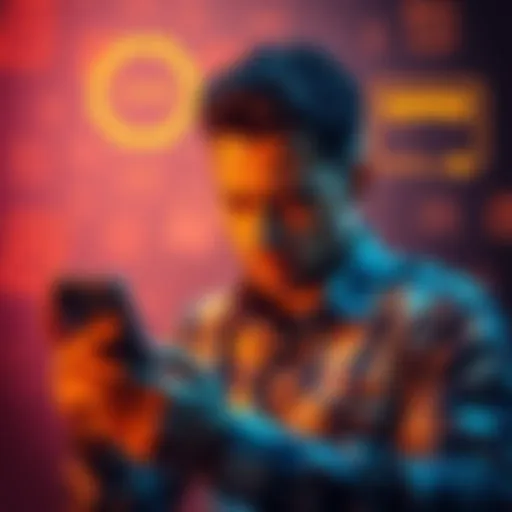 A person looks frustrated while using a smartphone, surrounded by signs of poor internet connection, like a loading symbol. Their expression shows annoyance over server issues.