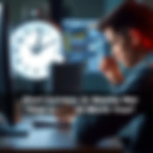 A person looking frustrated while filling out a short survey on a computer, with a clock showing time passing by in the background.