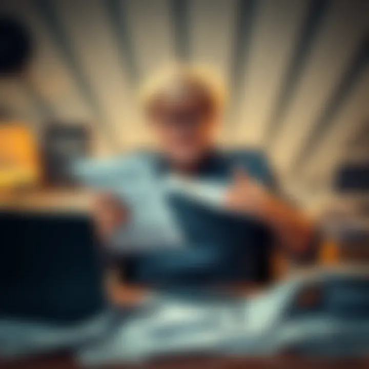 Frustrated person with tax documents A person seated at a desk surrounded by paperwork and a laptop, visibly stressed about tax season and crypto trading records.