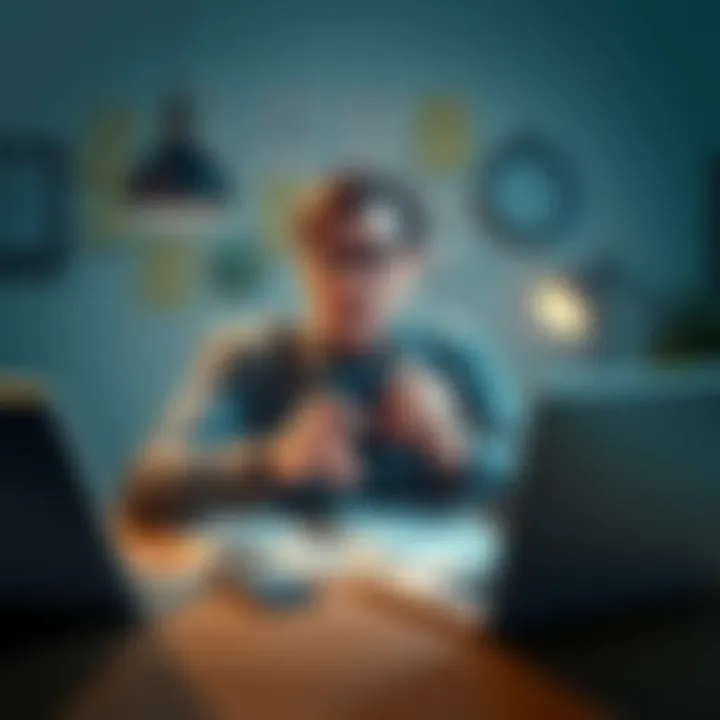 A person sitting at a desk looking frustrated while holding a Trezor wallet, surrounded by notes and a laptop, symbolizing ongoing wallet access issues.