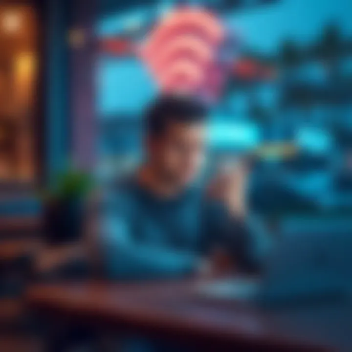 A person looking frustrated while trying to log in to an app on their phone, sitting at a cafe with a laptop and a wi-fi symbol in the background