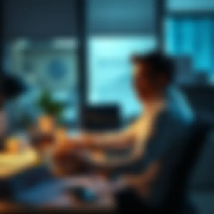 Individual sitting at a desk looking stressed while using a tax software on a laptop, with papers scattered around