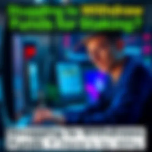 A person looking frustrated while using a computer to withdraw funds from staking