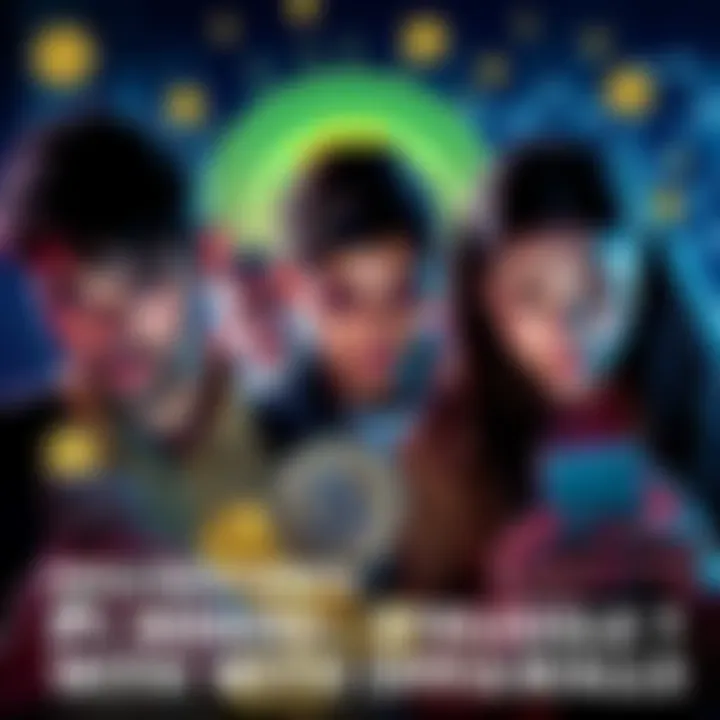 A group of people looking at their phones with worried expressions, surrounded by digital Pi coins graphic.