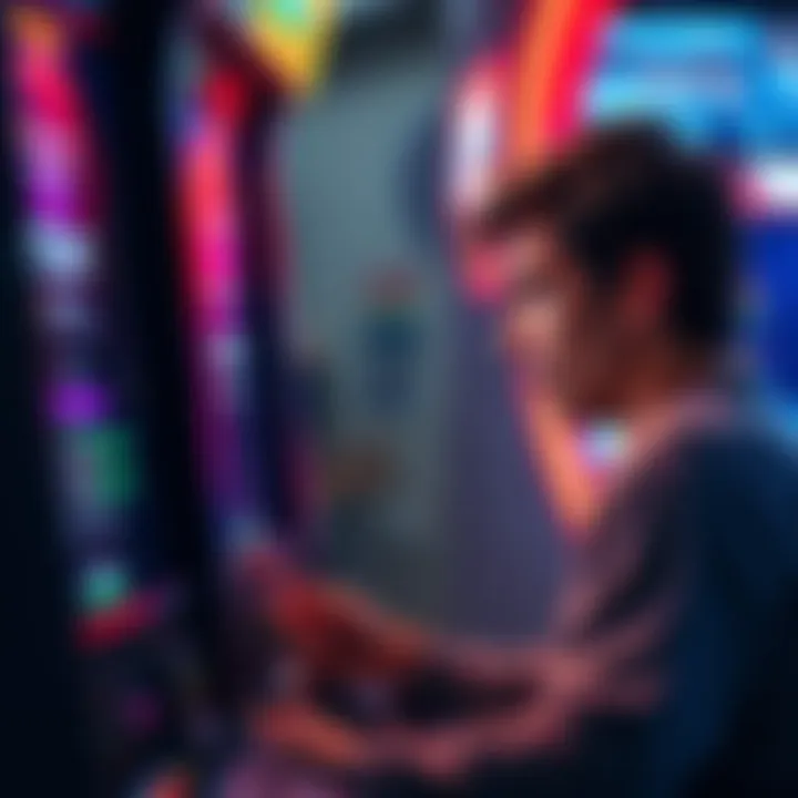 A player looks disappointed at an arcade machine, waiting for Atlas bucks to be credited, with the screen showing delayed transaction messages.
