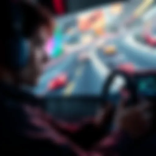 A person looking annoyed while playing a racing game on a console, with bright graphics on the screen showing fast cars and challenging tracks.