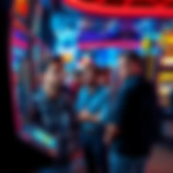 Group of players looking disappointed at gaming machines in Atlas Arcade, discussing payout issues