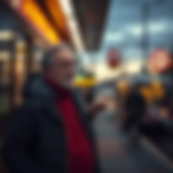 Local person expressing disappointment outside a subway station, with a sandwich shop in the distance