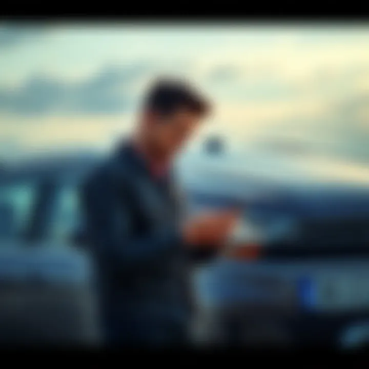 A seller stands beside their car looking frustrated as they check their phone for buyer communication.