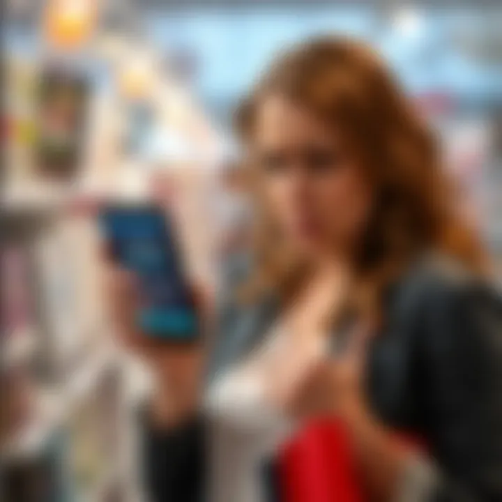 A frustrated shopper holds a phone displaying a message about cash back rewards issues, showing disappointment at delays in support responses