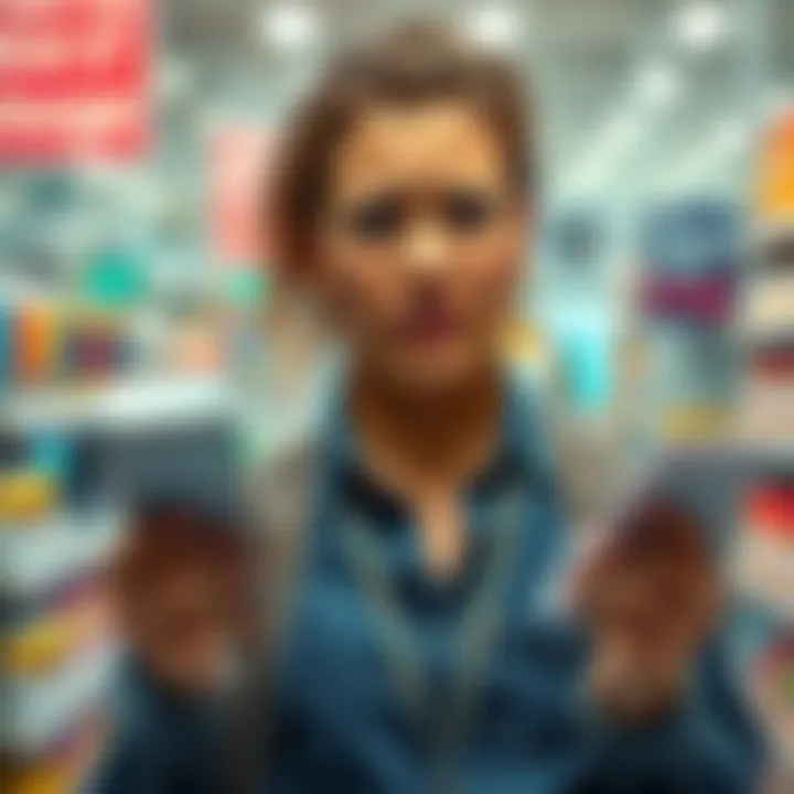 A shopper looks frustrated while holding receipts and a phone showing an error message during a ticket request process