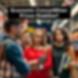 People in a store looking concerned as they check prices on items